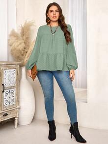 EMERY ROSE Blus Wanita Ukuran Besar Warna Hijau Sage Musim Gugur Elegan Formal Longgar Leher Bulat Lengan Lentera Hem Berkerut, Atasan Pesta Tahun Baru Natal Gaya Boho - Hijau - View 5