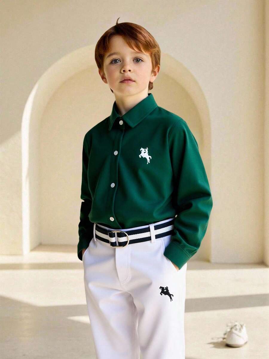 SHEIN 2 件装小男孩系扣长袖衬衫和休闲裤（配腰带）