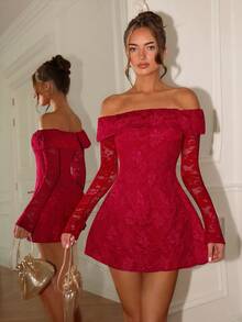 Glamine Charm Women's Elegant Jacquard Off-Shoulder Lace Splice Mini Dress, Suitable For Birthday Party, Back To School, Graduation Dance, Sisters Gathering, Afternoon Tea, Christmas Party, New Year Party, Thanksgiving Outfit Dinner Date Dress Birthday Dinner Dress Off Shoulder Dress Red Lace Dress Women Sexy Red Dress Christmas Party Dress - Red - View 3