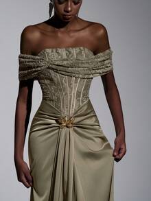 Elitara Elegant Green 3D Lace Beaded Satin Patchwork Strapless Off Shoulder Fishbone Pleated Waist Butterfly Metal Decor Front Draped Fishtail Formal Dress, Suitable For All Formal Occasions, Weddings - Olive Green - View 9