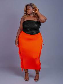 CurvyTilda 大码女式纯色高腰流苏设计优雅铅笔裙 - 橘色 - 查看 3