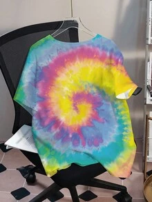 SpongeBob SquarePants | SHEIN Camiseta de manga corta con cuello redondo en tallas grandes con estampado de teñido anudado y de dibujos animados - Blanco - Ver 2