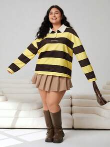 SHEIN EZwear Uniwersalna biała koszula z kołnierzykiem w kontrastowym kolorze, idealna na wyjścia, do noszenia na co dzień, na imprezy, randki, święta i do noszenia w domu; Koszulka z długim rękawem w paski i nadruk w dużym rozmiarze w kolorze beżowo-żółtym, w dużych rozmiarach - Wielokolorowe - Zobacz 3