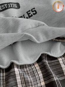 Genkimix Kids 少女休闲韩版卫衣，棕色格子前片搭配灰色纯色针织面料，黑色英文印花，罗纹领口/袖口/下摆，长袖套头衫，适合春、秋、冬三季上学、外出和聚会穿着。 - 淺灰色 - 查看 7