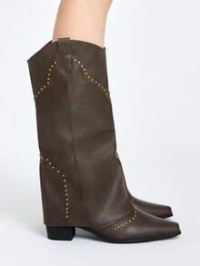 ROMWE Grunge Punk Botas de mujer de estilo francés retro con remaches de tubo alto, botas versátiles de vaquero occidental de altura corta y larga, botas de vaquero para mujeres - Caqui - Ver 6