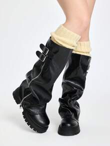 ROMWE Grunge Punk Fall/Winter 2025 New Uniform Boots For Women, Round Toe Thick Heel High Waterproof Platform Knee-High Boots, Suitable For All Seasons, Pleated Tube Design With Side Zipper And Buckle, Fashionable Black Ladies Tall Boots For Daily Outdoor Commute - Black - View 1