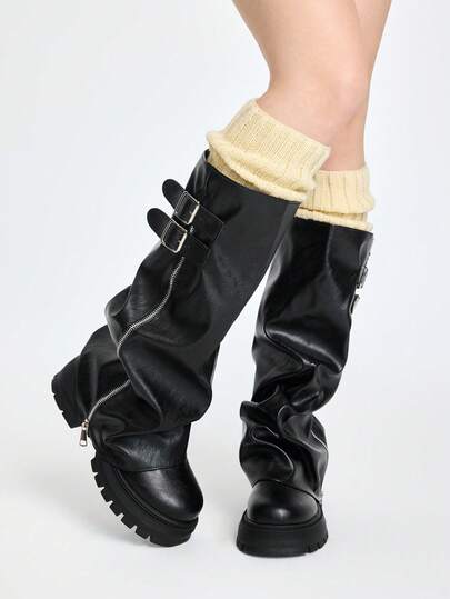 ROMWE Grunge Punk 2025 年秋冬新款女士制服靴，圆头粗跟高筒防水台及膝靴，适合所有季节，褶皱筒设计，配有侧拉链和搭扣，时尚黑色女士高筒靴，适合日常户外通勤