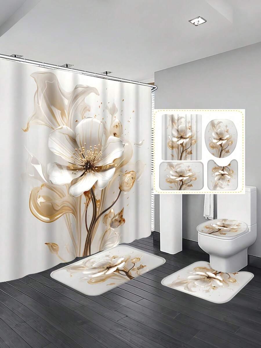 4PCS Simple And Elegant Floral Bath Liner Set With U-Shaped Toilet Cover Waterproof Polyester 71*71 Inches And 12 Hooks, Washable Fall Bath Liner For Shower Or Bathtub Decoration - Multicolor - View 1