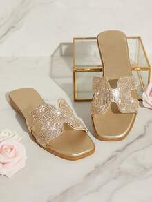 SHUZIA Women's Light Gold Rhinestone Slide Sandals – Elegant Open-Toe Design For Effortless Comfort And Style Summer Shoes Spring Shoes Spring Break Easter Vacation Shoes Casual Shoes Beach Shoes Mother's Day Present For Christmas - Gold - View 2