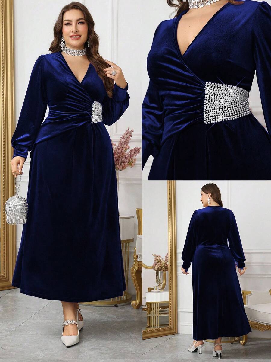 Modelyn 优雅天鹅绒珍珠装饰V领长袖褶皱A字大码连衣裙，适合春秋季穿着。 - 藍色 - 查看 1