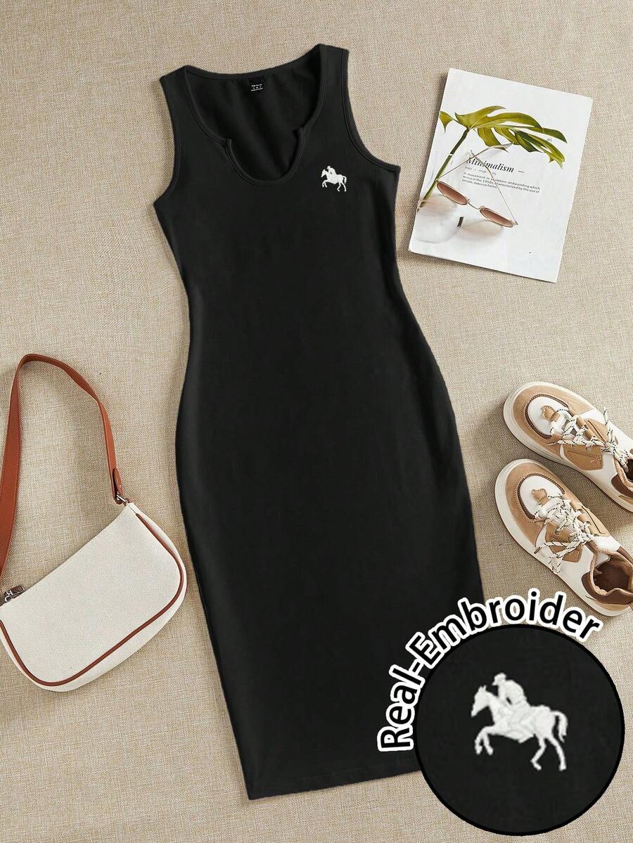 SHEIN EZwear Pony Embroidery Decor Sleeveless Low-Cut Wide U-Neck Midi Dress For Women Spring Black Dress Summer Bodycon Summer Dress - Black - View 1