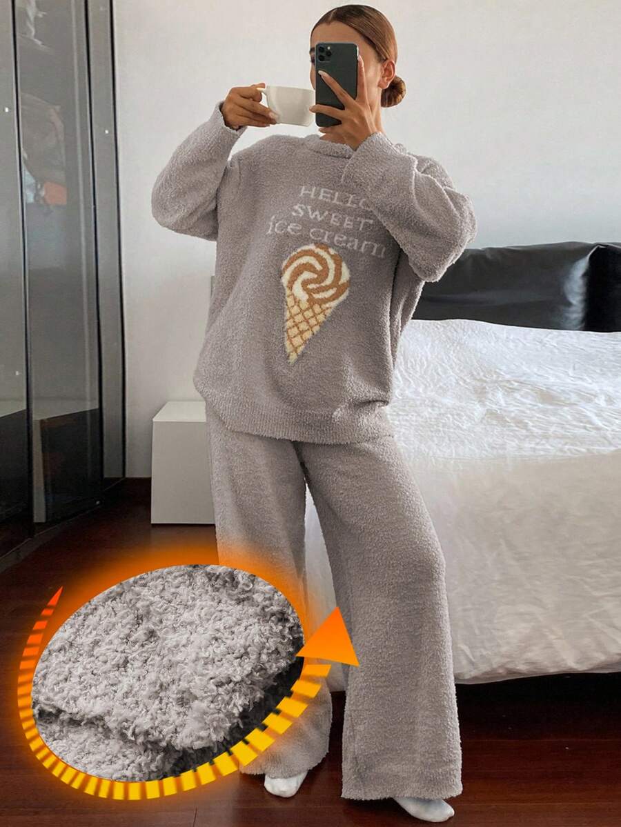 DAZY 2pcs Ice Cream Print Fleece Knit Loose Pajama Set For Women, Autumn/Winter - Light Grey - View 1