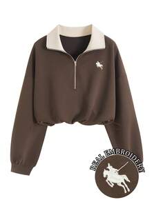 Airaco 复古美式拉链刺绣休闲百搭长袖套头卫衣 - 咖啡棕 - 查看 1