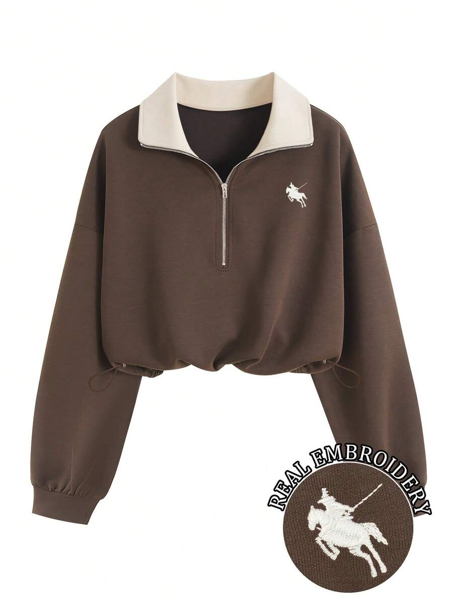Airaco 复古美式拉链刺绣休闲百搭长袖套头卫衣 - 咖啡棕 - 查看 1