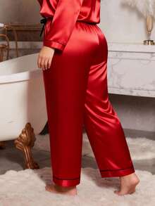 SHEIN 大码蝴蝶结装饰腰部仿丝绸睡裤 - 紅色 - 查看 6