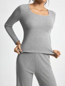 Ocili Bộ đồ mặc nhà kiểu Bohemian màu trơn, cổ tròn, tay dài, ôm sát, chất liệu vải dệt kim đã qua xử lý, gồm áo và quần, thích hợp cho mùa đông. - màu đen - Xem 6