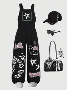 SHEIN Girls' Street-Style Graffiti + Dark Cute Pattern, Cat Doodle, Letter, Star, Bow Print Loose Bib Overall Pants, Niche Design Girls' Black Bib Pants, Suitable For Daily Gatherings, Spring/Summer - Black - View 1