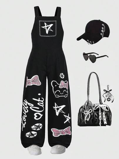 SHEIN Girls' Street-Style Graffiti + Dark Cute Pattern, Cat Doodle, Letter, Star, Bow Print Loose Bib Overall Pants, Niche Design Girls' Black Bib Pants, Suitable For Daily Gatherings, Spring/Summer