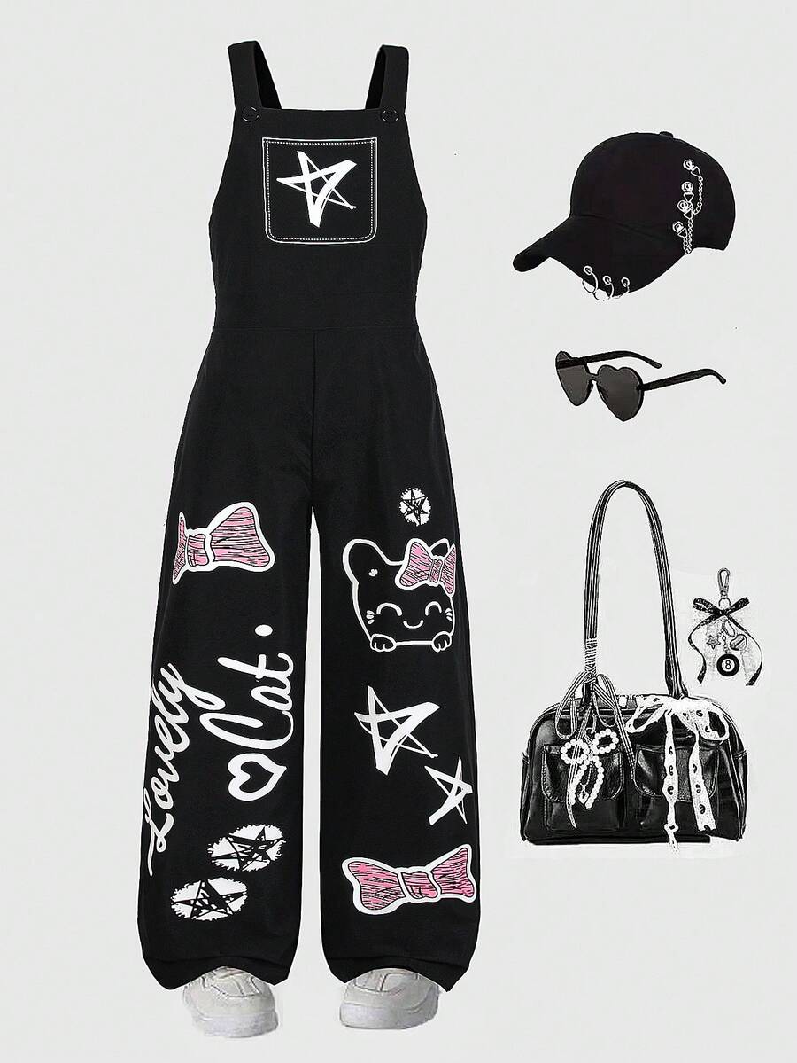 SHEIN Girls' Street-Style Graffiti + Dark Cute Pattern, Cat Doodle, Letter, Star, Bow Print Loose Bib Overall Pants, Niche Design Girls' Black Bib Pants, Suitable For Daily Gatherings, Spring/Summer - Black - View 1