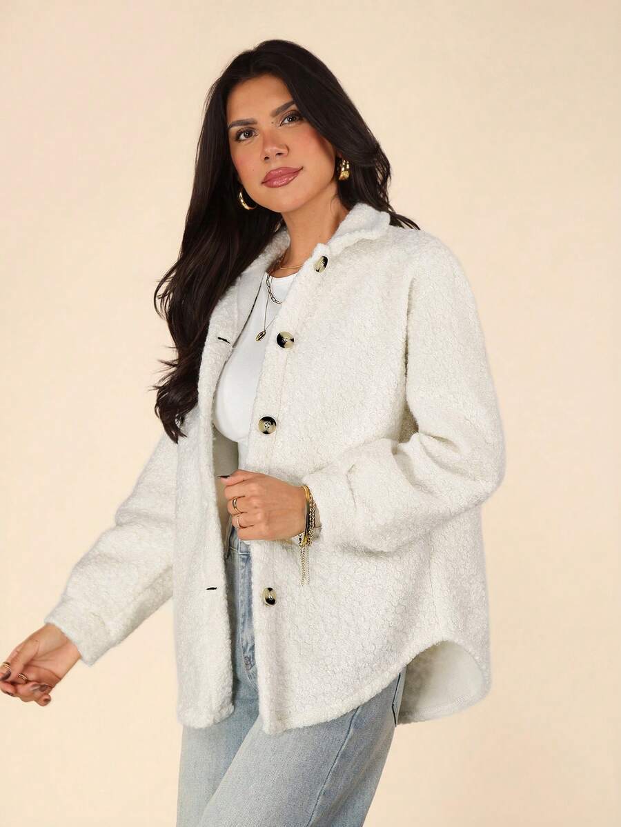 Coeurva 1pc White Fuzzy Knitted Ladies Jacket In Fall/Winter - Beige - View 1