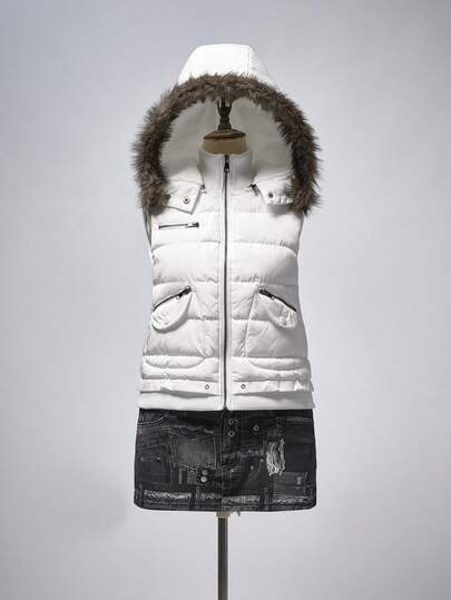 ROMWE Grunge Punk Y2K复古金属孔眼设计毛边下摆连帽女式Kpop绗缝背心外套