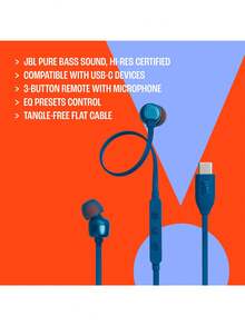 Tune 310C Hi-Res Wired Earbuds, Pure Bass JBL Sound, USB-C Connection, Three-Key Remote With Microphone, T A N G L E-Free Flat Cable, Black - Black - View 6