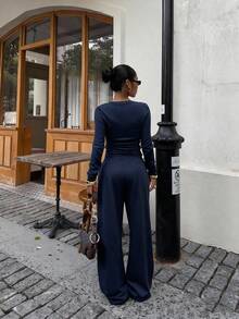 Muchica 2件套女士休闲百搭长袖上衣和裤子套装 - 藏蓝色 - 查看 2