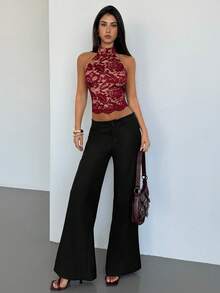 Aloruh 女士蕾丝露背性感黑色吊带背心 - 酒紅色 - 查看 4