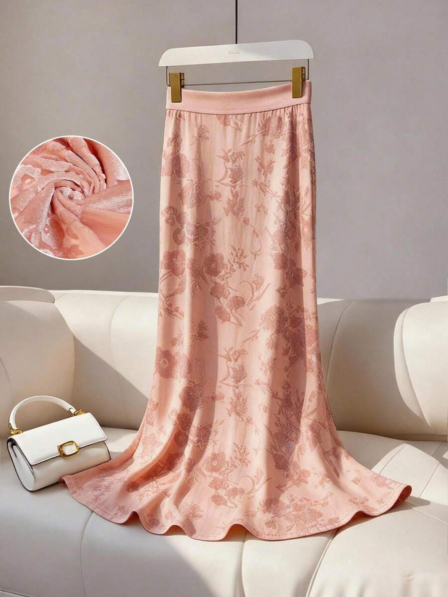 Franclia 女士天鹅绒烧花中长铅笔裙，鱼尾裙摆，冬季款 - 粉色 - 查看 1