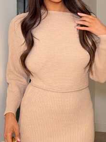 Ambs Edit Autumn/Winter New Solid Color Cinched Waist Bodycon Knit Dress - Apricot - View 5