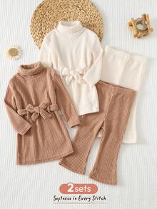 Cozy Pixies 4件套女婴针织柔软圆领长袖套头衫和高腰喇叭裤套装，加厚保暖内衬，适合冬季穿着 - 彩色 - 查看 2