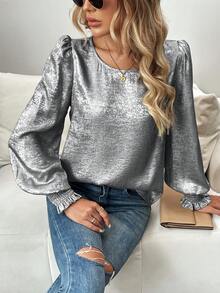 SHEIN LUNE 女士宽松圆领箔褶喇叭袖衬衫 - 銀色 - 查看 4