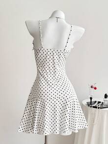 Comfortcana 女士波点荷叶边蝴蝶结设计优雅时尚休闲/约会吊带裙 - 白色 - 查看 2