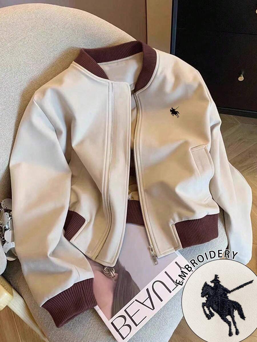 Airaco 女士休闲时尚街头风通勤刺绣撞色拉链飞行员夹克，春秋季 - 卡其色 - 查看 1