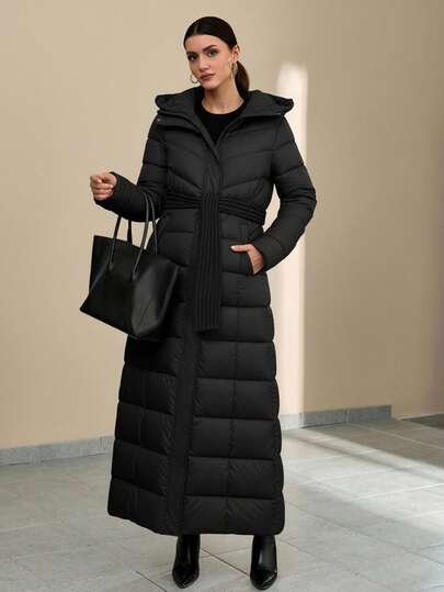 EURMUSE Women's Solid Elegant Belted Hooded Long Good Quality Regular Fit Wintercoat