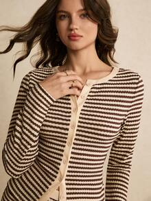 Poéselle 女士条纹长袖上衣和短裤两件套 - 棕色 - 查看 3