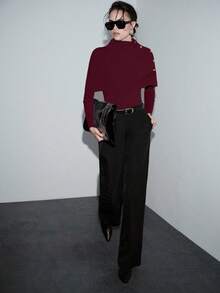 SHEIN Luminelle 全新女式金属纽扣装饰长袖针织毛衣斗篷 - 紅色 - 查看 4