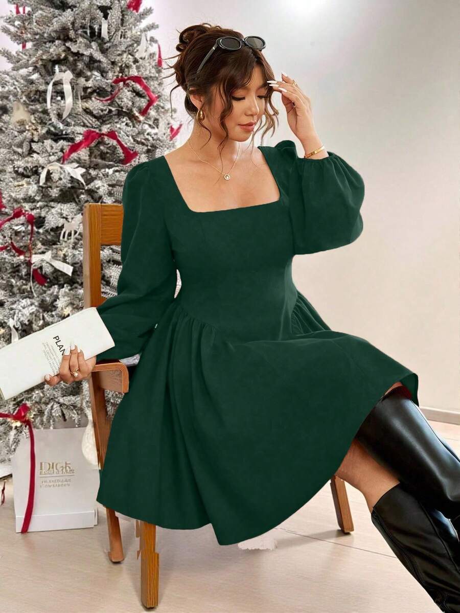 Vionelle 加大码女士圣诞红色方领灯笼袖收腰蝴蝶结喇叭下摆短裙，修身剪裁，适合派对、新年、鸡尾酒会等场合 - 綠色 - 查看 1