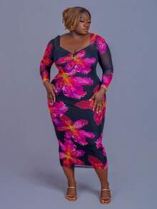 CurvyTilda Fall Clothes For Women,WinterPlus Size Elegant Floral Print Fitted Dress/Autumn /Winter - Black - View 7