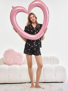 Bonmuse 女士心形印花泡泡皱短袖短裤睡衣套装 - 黑色 - 查看 8