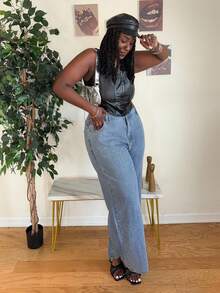 Truni Tall CURVE 加大码女式水钻装饰蓝色阔腿牛仔裤 - 藍色 - 查看 4