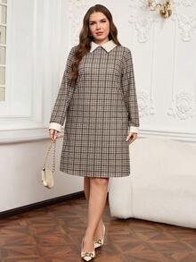 EMERY ROSE 大码格子印花二合一优雅休闲连衣裙，适合春秋季节穿着，外出装扮，2025新款，简约时尚，日常穿着，大码冬季服装，舒适透气，女士圣诞节服装，新年服装，适合多种场合，圣诞节，女士约会之夜服装，夜间派对，优雅派对，女士约会之夜服装，女士感恩节服装，适合情人节