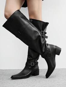 CUCCOO BIZCHIC Women's Fashionable Versatile Commuting Adjustable Buckle Chunky Heel Over-The-Knee Boots For Christmas - Black - View 3