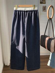 Comfortcana 休闲复古格子宽松女裤，春季新款。梭织女士长裤，适合春夏穿着，2026春夏新款格子裤，基础款格子裤 - 藍色 - 查看 5