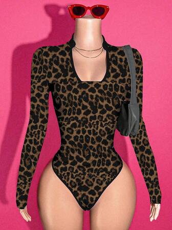 Slaydiva Y2K Casual Street Bodysuits V-Neck Long Sleeve Rave Bodysuit/Sexy Bodysuit/Fall Clothes For Women/Y2K Clothes/Streetwear /Going Out Outfit/Leopard Graphic/Leopard Graphic/ Long Sleeve Bodysuit,Fall,Fall Clothes For Women,Women's Winter Clothes