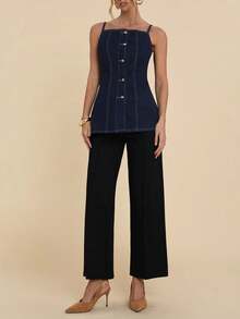 COSMINA Denim 女士金属单排扣时尚吊带牛仔上衣 - 藍色 - 查看 3