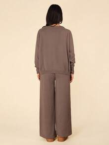 Coeurva Women's Casual Solid Color Oblique Shoulder Loose Knit Sweater And Pants Set, Autumn/Winter Brown Knit Set Two Piece Set Women Comfy Brown 2 Piece Set Brown Sweater And Pants Set Two Piece Lounge Set Comfortable Two Piece Set Brown Outfit Brown Matching Set,Fall,Fall Clothes For Women - Coffee Brown - View 3