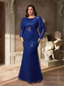 Aureia Váy dạ hội trang trọng tay bèo nhún đính hạt cỡ lớn màu xanh nước biển thanh lịch - Màu xanh lam - Xem 8