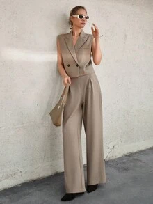 CLARA VERO Striped Wide Shoulder Vest & Pants Suit Set - Mocha Brown - View 3