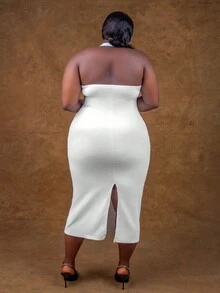 CurvyTilda 女士秋季服装，冬季加大码女士优雅简约纯色露背吊带修身连衣裙，夏季，夜店性感装扮 - 白色 - 查看 2